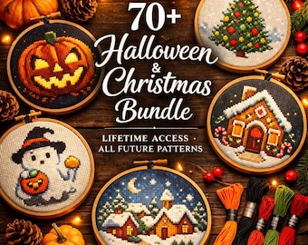 Halloween Christmas Cross Stitch Pattern Bundle: 70+ Holiday Embroidery Designs (PDF Download, Lifetime Access)