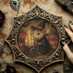 Schema punto croce "Topo strega di Halloween": accogliente decorazione autunnale (download digitale)