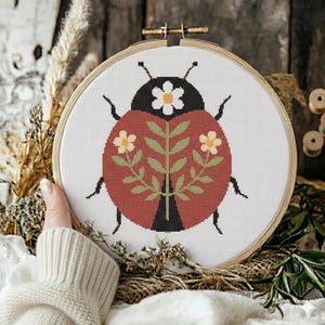 Ladybug Cross Stitch Pattern: Floral Daisy Embroidery (PDF Download)