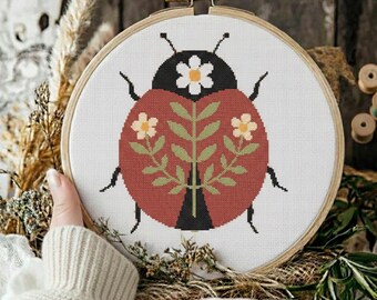 Ladybug Cross Stitch Pattern: Floral Daisy Embroidery (PDF Download)