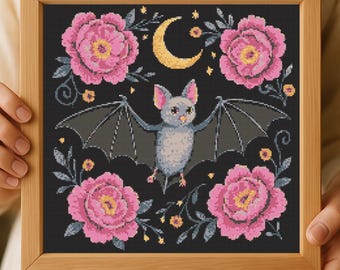 Gothic Bat Cross Stitch Pattern: Floral Moon Embroidery (PDF Download)