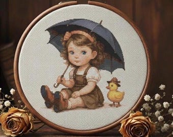 刺繍画　花を持った少女 花を持つ少女のクロスステッチパターン（PDF）、女性向けデザイン