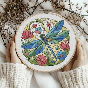 Dragonfly Cross Stitch Pattern: Floral Stained Glass Embroidery (PDF Download)