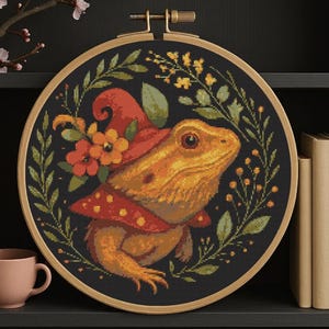 magical toad cross Stitch Pattern - witchy mushroom hat toad with floral wreath - dark aesthetic pdf design- saga pattern - super easy
