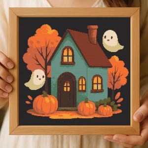 Haunted House Kreuzstich-Muster: Gruseliges Halloween Cottage