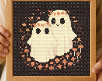 cute ghosts cross stitch pdf pattern-halloween  spooky Embroidery with mushroom & floral crowns-DIY modern needlework-home decor xstitch