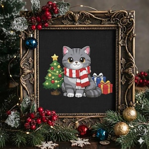 Cozy Christmas kitty - adorable grey cat cross stitch pattern with tree , gifts & striped scraf - perfect for holiday framing