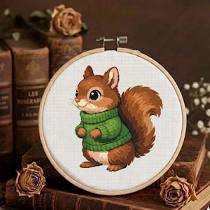 Cozy Squirrel in Green Sweater Cross Stitch Pattern, Woodland Animal Embroidery PDF, Autumn Forest Decor, Instant Download Digital Chart.
