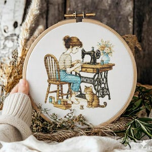 Wzór haftu krzyżykowego dla dziewczynki z kotem, wzór haftu krzyżykowego, Punto de Cruz, Point de Croix, wzór haftu krzyżykowego w formacie PDF, keeper wzorów