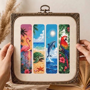 Tropische bladwijzer kruissteekpatroon zomer strand borduurpatroon, flamingo zeeschildpad, dolfijn papegaai borduurwerk, instant download