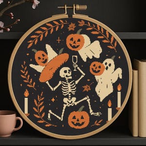 Halloween Cross Stitch Pattern: Dancing Skeleton, Ghosts & Pumpkins (PDF Download)
