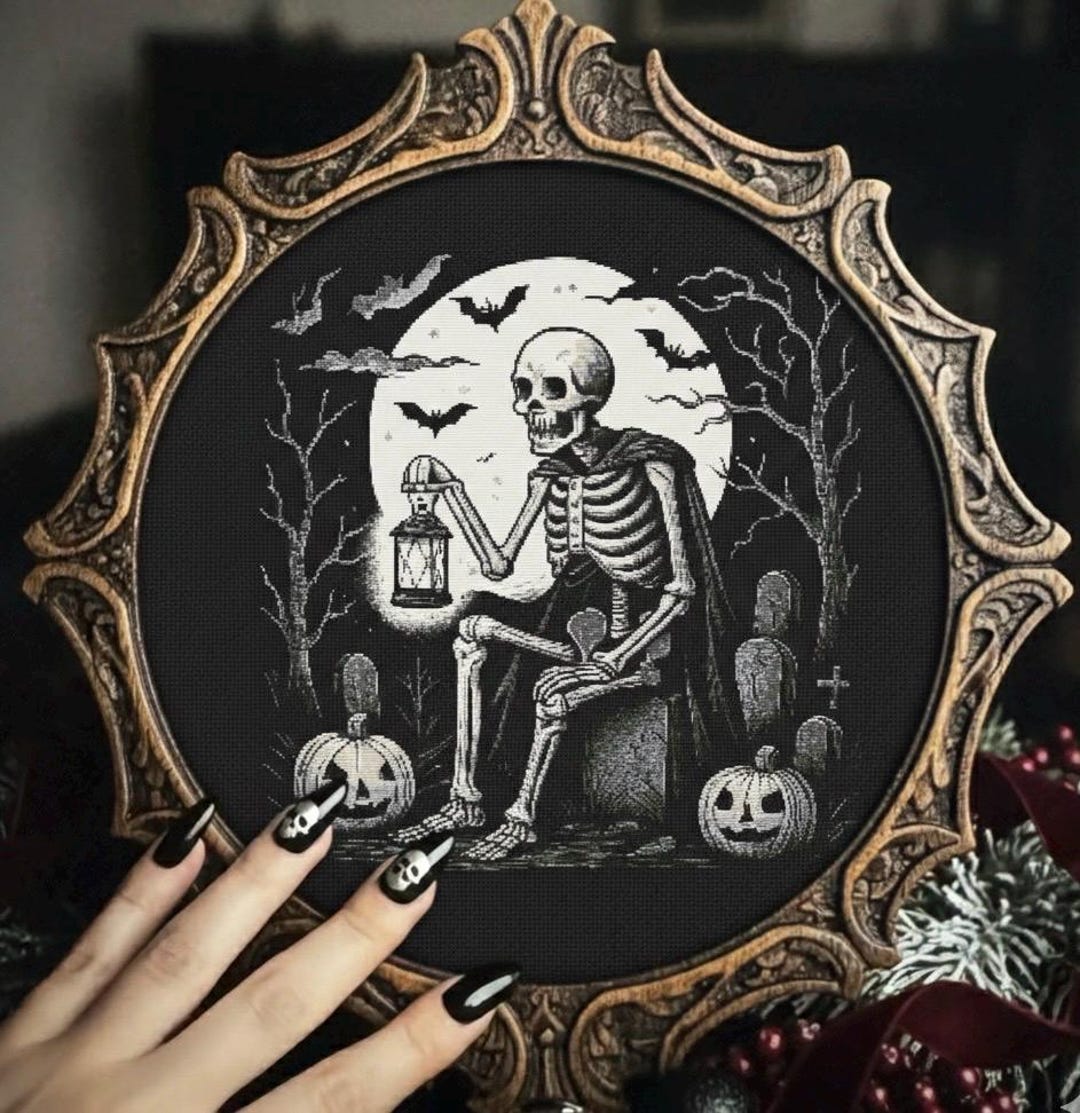 Skeleton With Lantern Cross Stitch Pattern Spooky Halloween Embroidery ...