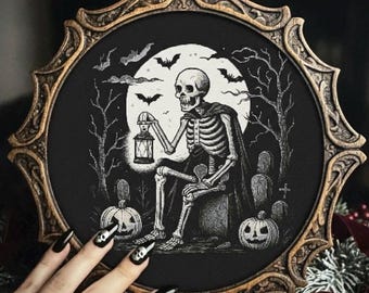 Skelett mit Laterne Kreuzstich Stickmuster Halloween Stickdatei gruselig Halloween Kreuzstich Stickdatei Gothic Friedhof Stickdatei