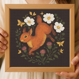 woodland squirrel cross stitch PDF pattern- cute forest animal Embroidery with wildflowers & butterflies - DIY modern needlework