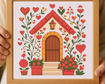 Romantic Heart Cottage Cross Stitch Pattern: Easy Love House Needlework (PDF Download)