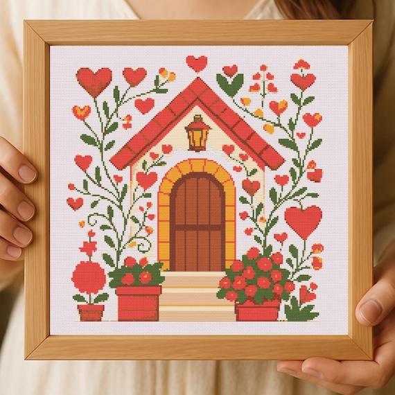Romantic Heart Cottage Cross Stitch Pattern: Easy Love House