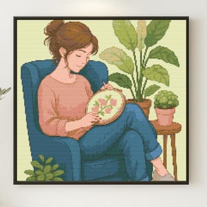 Women Cross stitch pdf digital download - home decor xstitch- Punto croce - Ponto cruz grfico - point de croix pdf with cat monochrome