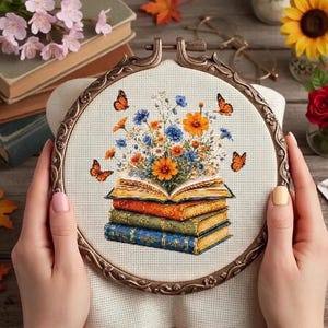 Wildflowers and Book Stack Cross Stitch Pattern PDF, Blooming Open Book Embroidery Design, Botanical Bookworm Gift, Monarch Butterfly