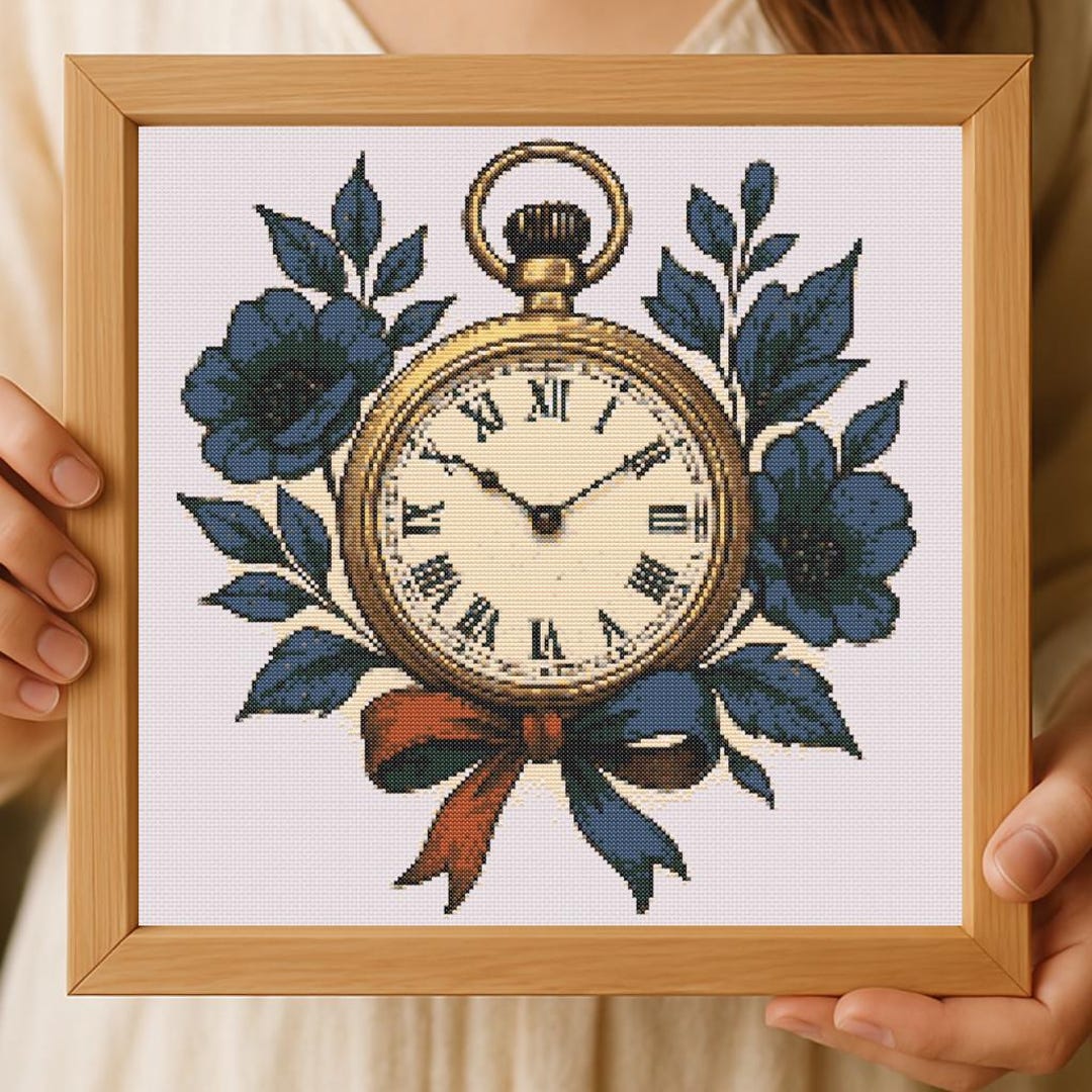 Floral Pocket Watch Cross Stitch Pattern: Modern Clock Design (PDF ...