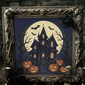 Haunted Mansion Kreuzstich-Muster: Halloween Goth Nadelspitze (PDF-Muster)
