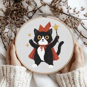 Wizard Cat Cross Stitch Pattern: Fantasy Blackwork Embroidery (PDF Download)