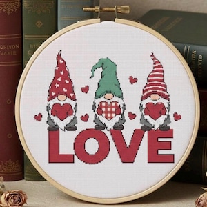 gnome cross stitch pattern romantic design with hearts & love text - perfect for valentines anniversaries or home decor