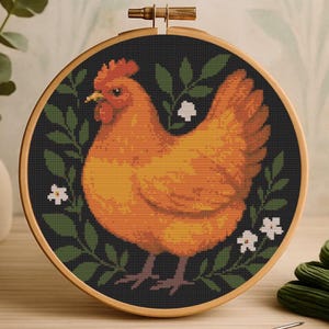 golden chicken cross stitch pattern - farmhouse hen Embroidery PDF - rustic country decor - patron Punto de cruz - super easy for beginner