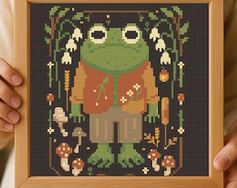 Whimsical Frog Cross Stitch Pattern: Cottagecore Forest Embroidery (Digital Download)