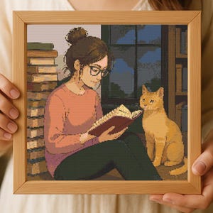 Sewing Girl and Cat Cross Stitch Pattern: Beginner Friendly (PDF Pattern)