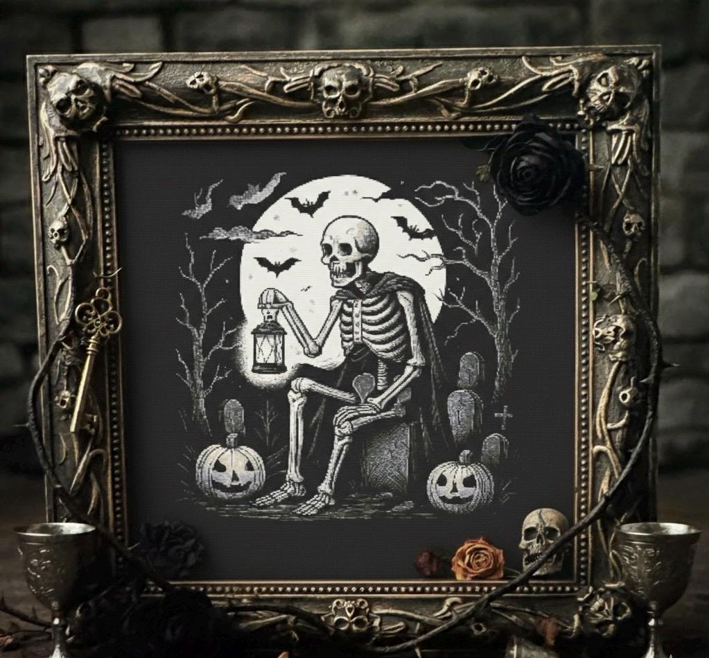 Skeleton With Lantern Cross Stitch Pattern Spooky Halloween Embroidery ...