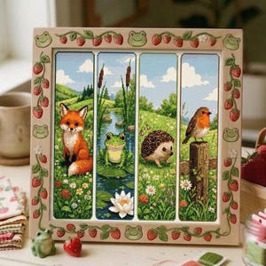 May include: A rectangular wooden frame featuring a carved strawberry and frog border, enclosing four vertical cross-stitch panels. The panels depict a fox in a meadow, a frog on a lily pad, a hedgehog in grass, and a robin perched on a wooden post.