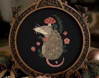 Mouse Cross Stitch Pattern with mushroom : Whimsical Animal Embroidery (PDF Pattern)