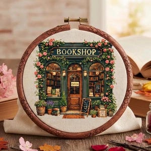 Cozy Bookshop Cross Stitch Pattern PDF, Floral Bookstore Architecture Embroidery Design, Sweet Rose Garden Needlepoint Chart,Digita download