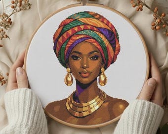 Patrón de punto de cruz de mujer africana - Retrato de turbante colorido - Arte de bordado de mujer negra - Descarga digital en PDF - Decoración de pared