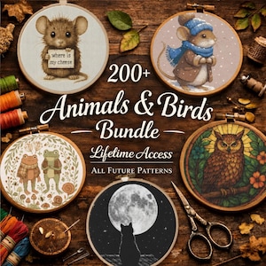 May include: A digital collection of cross-stitch patterns titled 200+ Animals & Birds Bundle featuring four circular embroidery hoops with designs of a mouse holding a sign, a mouse in winter gear, two frogs, and a cat silhouetted against a moon.