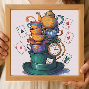 mad hatter tea party cross stitch pattern- colorful teacups, clock & cards- alice in wonderland embroidery pdf - super easy for beginner