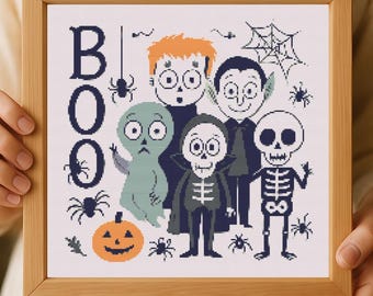 cute Halloween cross Stitch Pattern - funny monsters , skeleton & Ghosts- boo embroidery pdf digital download for kids-adult super easy