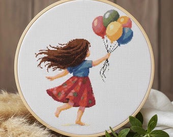 Mädchen mit Luftballons Kreuzstich-Muster: Wunderliche Stickerei (Digitaler Download PDF)