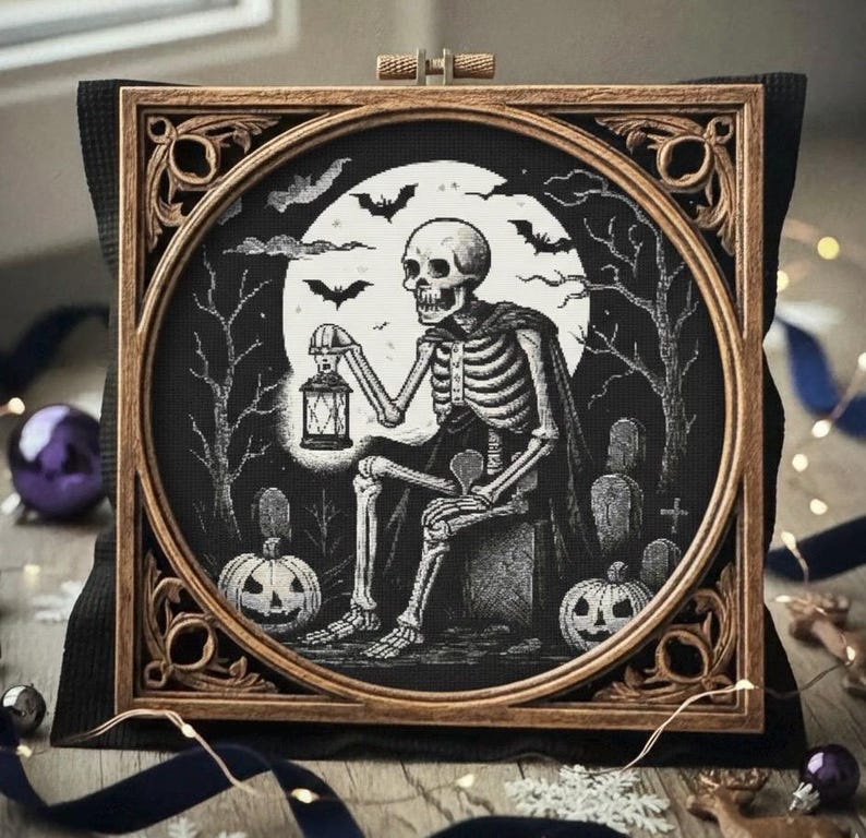Skeleton With Lantern Cross Stitch Pattern Spooky Halloween Embroidery ...