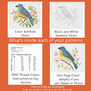May include: A cross-stitch pattern guide with four sections. The top left shows a bluebird design with colour symbols. The top right displays the same bird in black and white symbols. The bottom sections show thread colour details and a one-page chart.