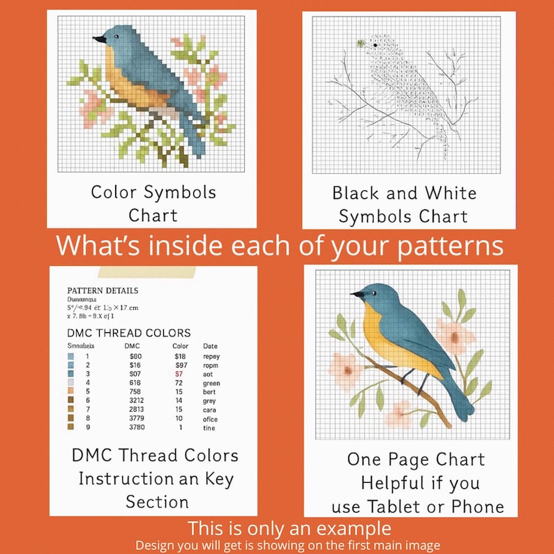 May include: A cross-stitch pattern guide with four sections. The top left shows a bluebird design with colour symbols. The top right displays the same bird in black and white symbols. The bottom sections show thread colour details and a one-page chart.