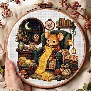 May include: A cross-stitch embroidery in a wooden hoop depicting a mouse sitting in a green armchair knitting a long yellow scarf. The scene includes a window with a crescent moon, an owl, a bookshelf, a basket of yarn, and hanging lanterns.