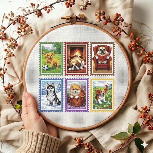 Dog Breeds Postage Stamps Cross Stitch Pattern, Cute Puppy Sampler Embroidery Design, Golden Retriever Husky Bulldog PDF, Nursery Pet Decor.