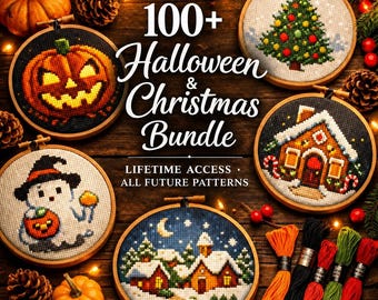 Halloween Christmas Cross Stitch Pattern Bundle: 100+ Holiday Embroidery Designs (PDF Download, Lifetime Access)