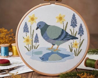 Patrón de punto de cruz de paloma: Flores de primavera, observación de aves (descarga digital, gráfico compatible con Pattern Keeper)