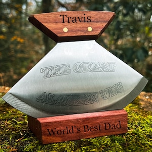 Alaskan Ulu Knife, Unique Engraved Christmas Gift Idea for Him, Personalized Present for Dad, Alaska Ulu and Stand, Cool Christmas Gifts Men