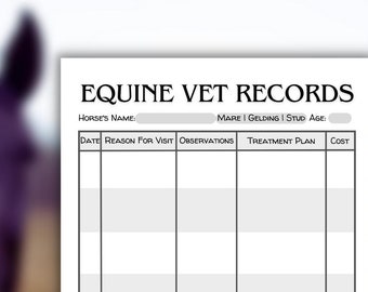 Può includere: Un foglio di registrazione veterinaria equina stampabile con colonne per la data, il motivo della visita, le osservazioni, il piano di trattamento e il costo. Il foglio è progettato per i proprietari di cavalli per tenere traccia delle cure veterinarie del loro cavallo.