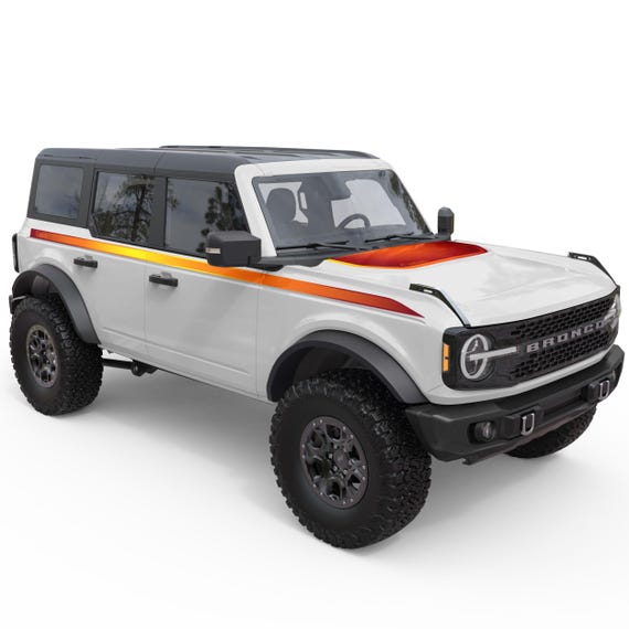 Fits Ford Bronco Decals 2021+. Heritage Style Retro Sunset Hood and Stripes Bundle Decals. Best Gift For Bronco Accessories.