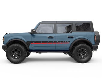 May include: A blue Ford Bronco with black and red racing stripes on the side. The vehicle is shown in profile view.