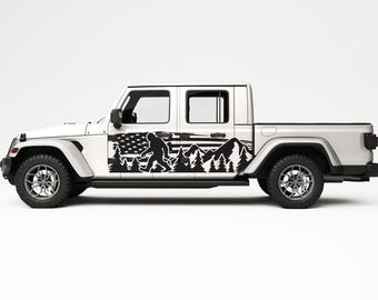 Fits Jeep Gladiator Side Door Stickers. US Flag Sasquatch Mountains Forest For Jeep Accessories. Best Side Designs For Jeep Graphics.